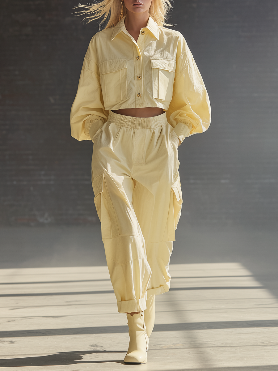 Stylish Simple Long-sleeved Button-front Pockets Collared Crop Top And Wide-leg Pants Yellow Set