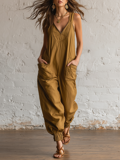 Retro-style Loose-fitting Sleeveless V-neck Pockets Straps Cotton Jumpsuit