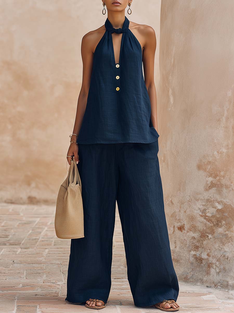 Casual Urban Halter Neck V-neck Front Button Dark Blue Cotton Linen Top And Pants Set