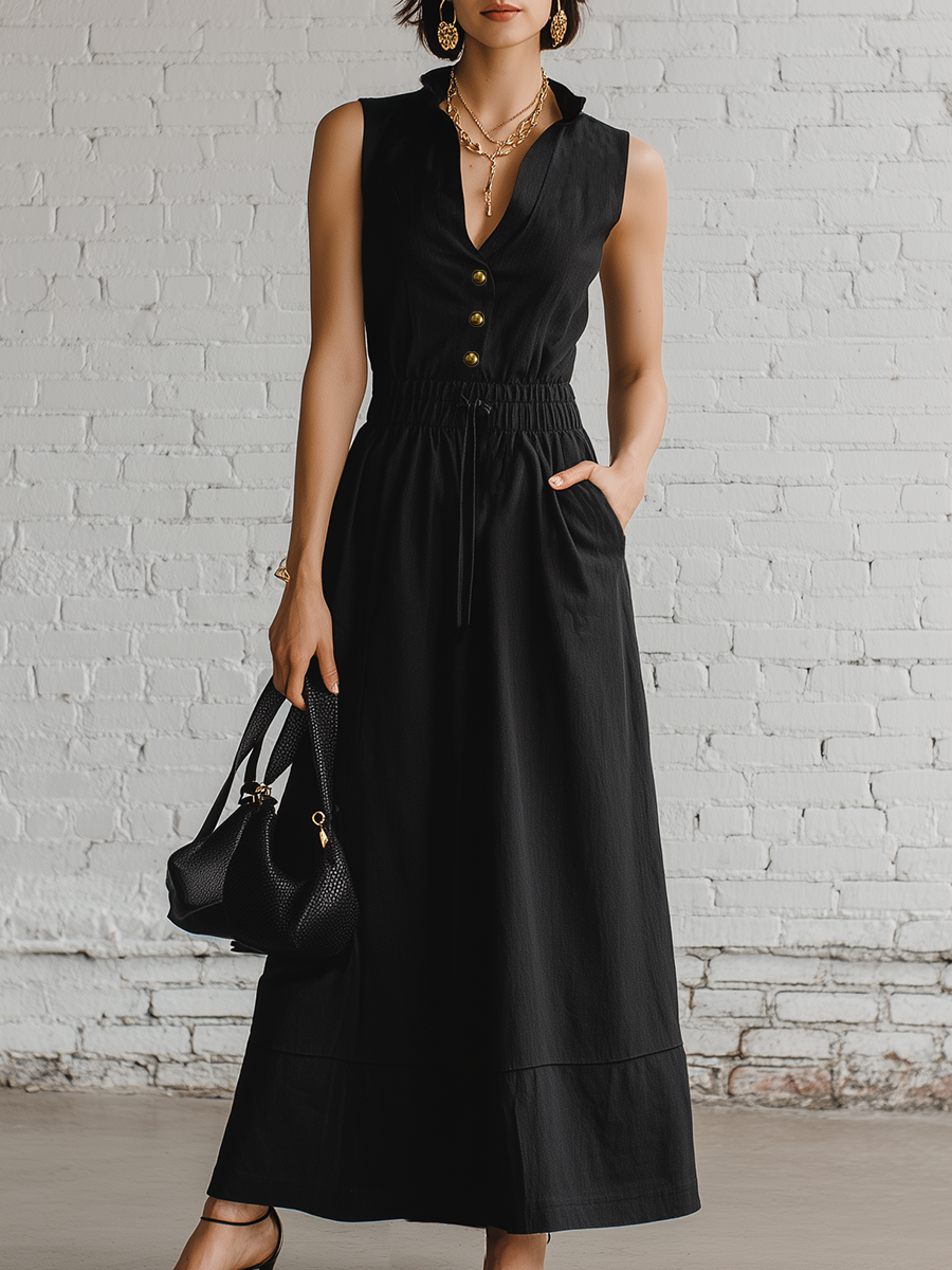 Casual Urban Style Black In A Cotton Linen Blend Featuring Buttons And An Elastic Drawstring Waistband Midi Dress
