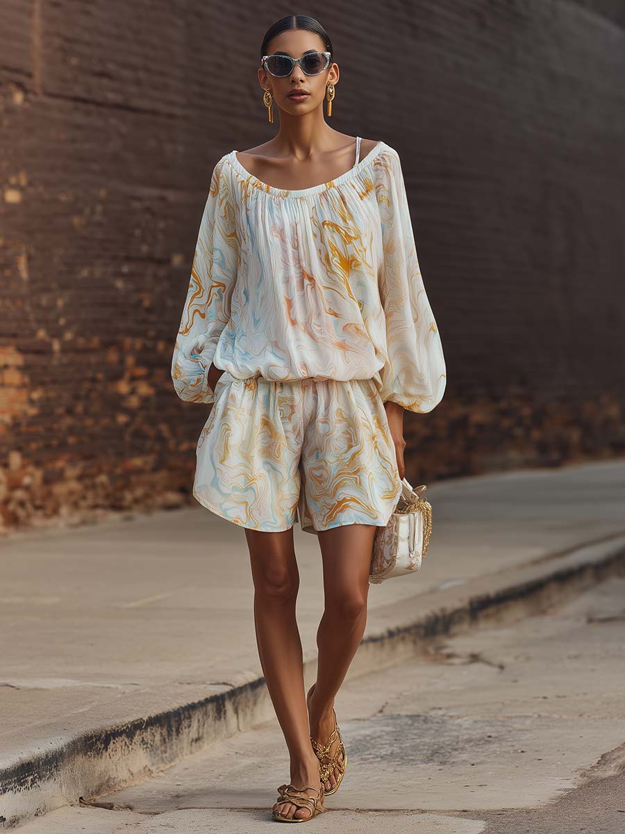 Elegant Urban Print White Chiffon Set