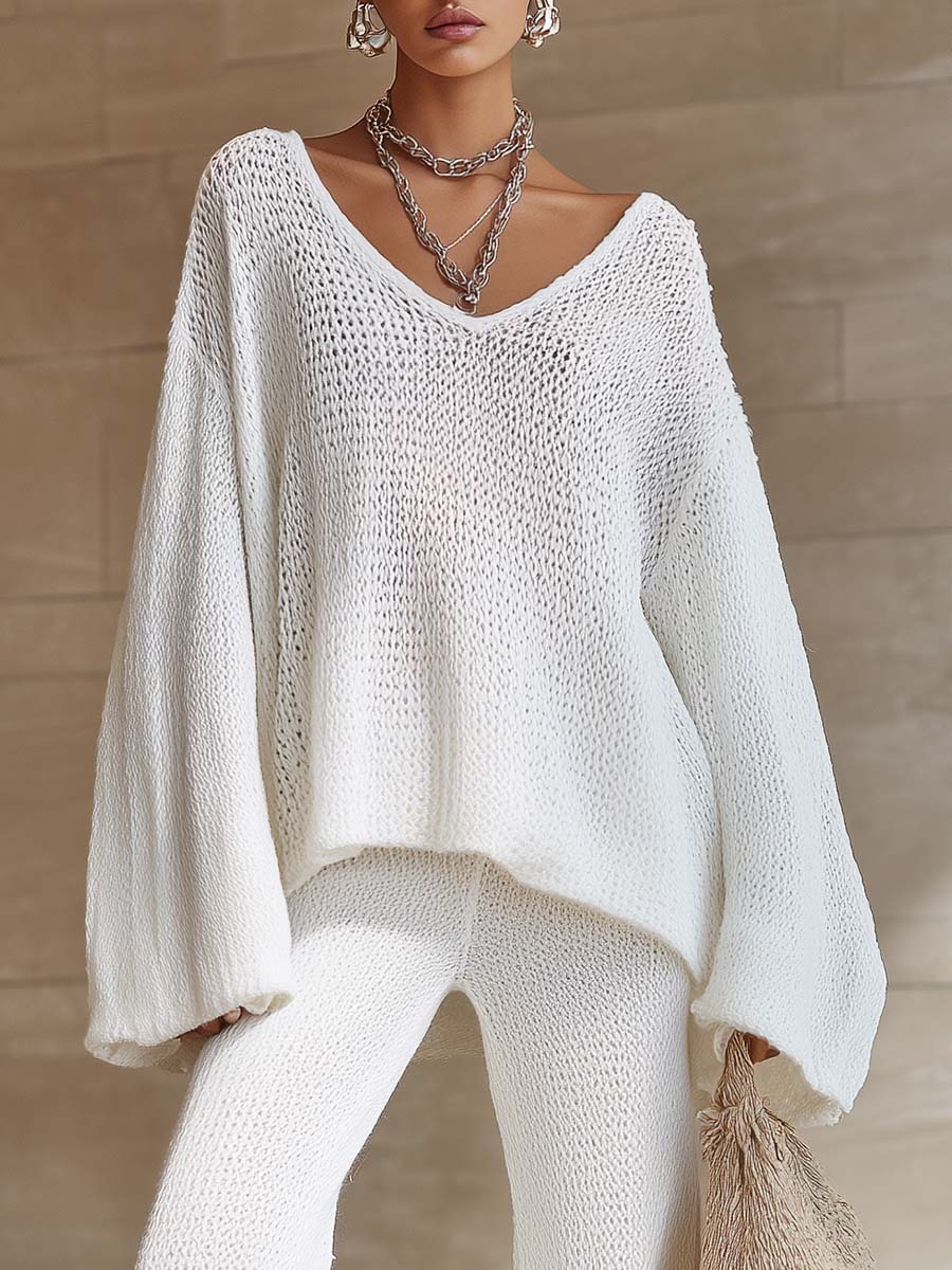 Lazy And Breathable Urban White Openwork Knit Top And Pants Set