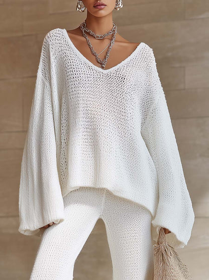Lazy And Breathable Urban White Openwork Knit Top And Pants Set