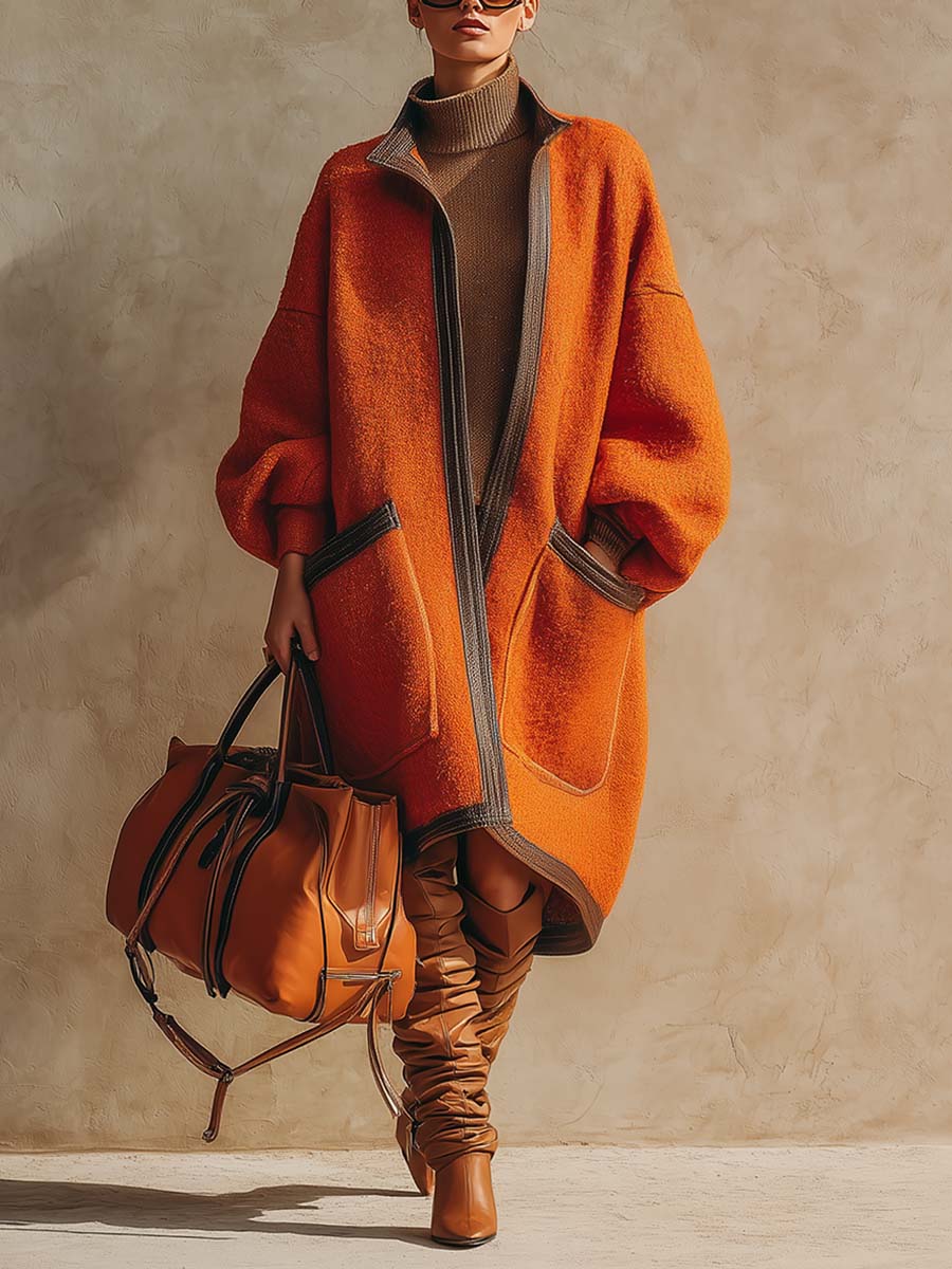 Retro Lapel Brown Leather Trim Orange Wool Loose Coat