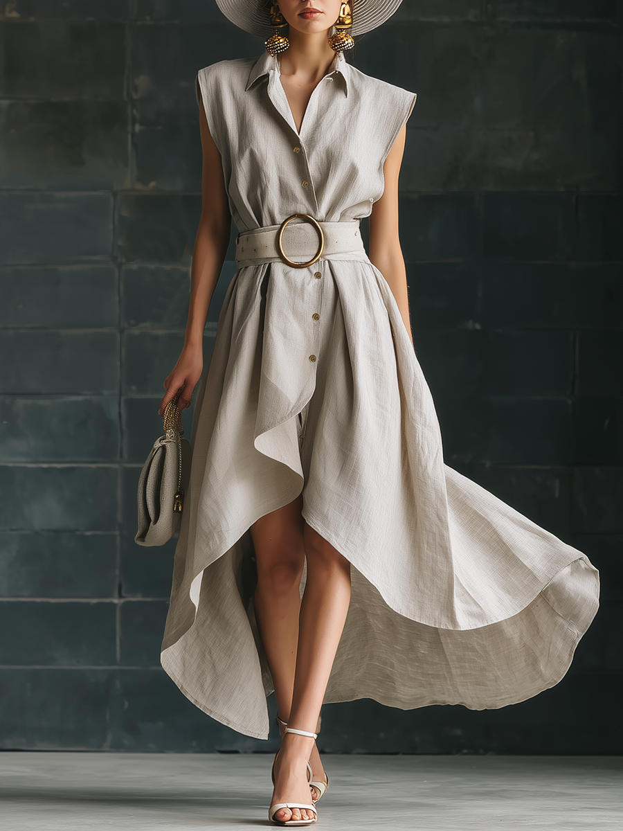 Stylish Simple Sleeveless Turn-down Collar Front Button Round Waist Belt Uneven Hem Gray Cotton Midi Dress