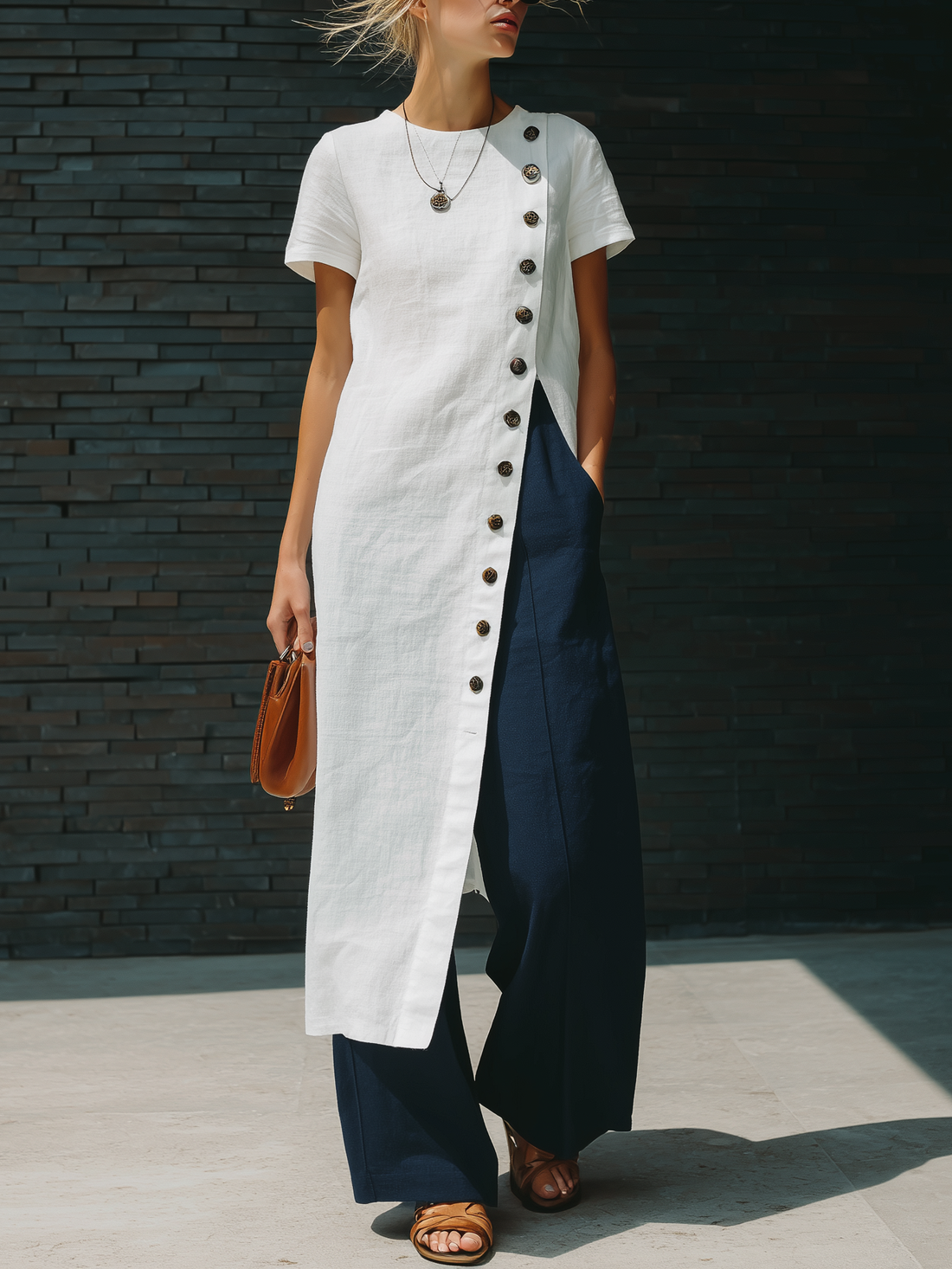Stylish Simple Short-sleeved Slanted Placket Button Slit White Long Skirt Top And Navy Blue Trousers Cotton Set