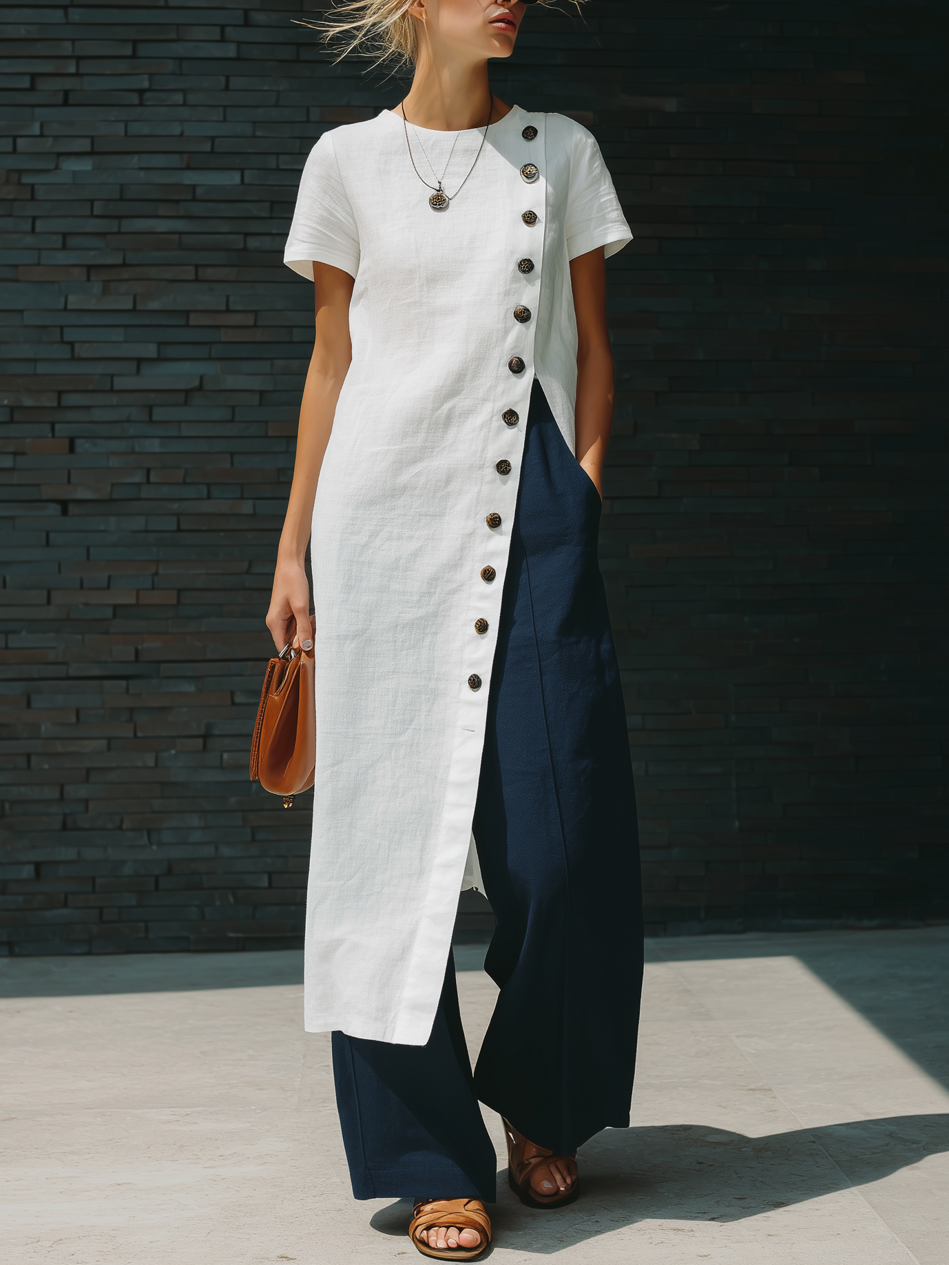 Stylish Simple Short-sleeved Slanted Placket Button Slit White Long Skirt Top And Navy Blue Trousers Cotton Set