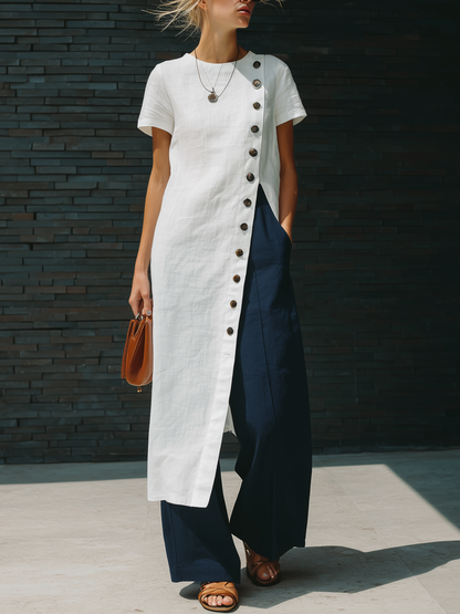 Stylish Simple Short-sleeved Slanted Placket Button Slit White Long Skirt Top And Navy Blue Trousers Cotton Set
