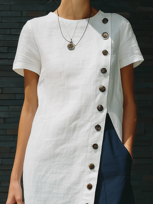 Stylish Simple Short-sleeved Slanted Placket Button Slit White Long Skirt Top And Navy Blue Trousers Cotton Set