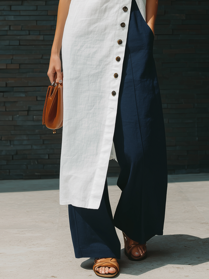 Stylish Simple Short-sleeved Slanted Placket Button Slit White Long Skirt Top And Navy Blue Trousers Cotton Set