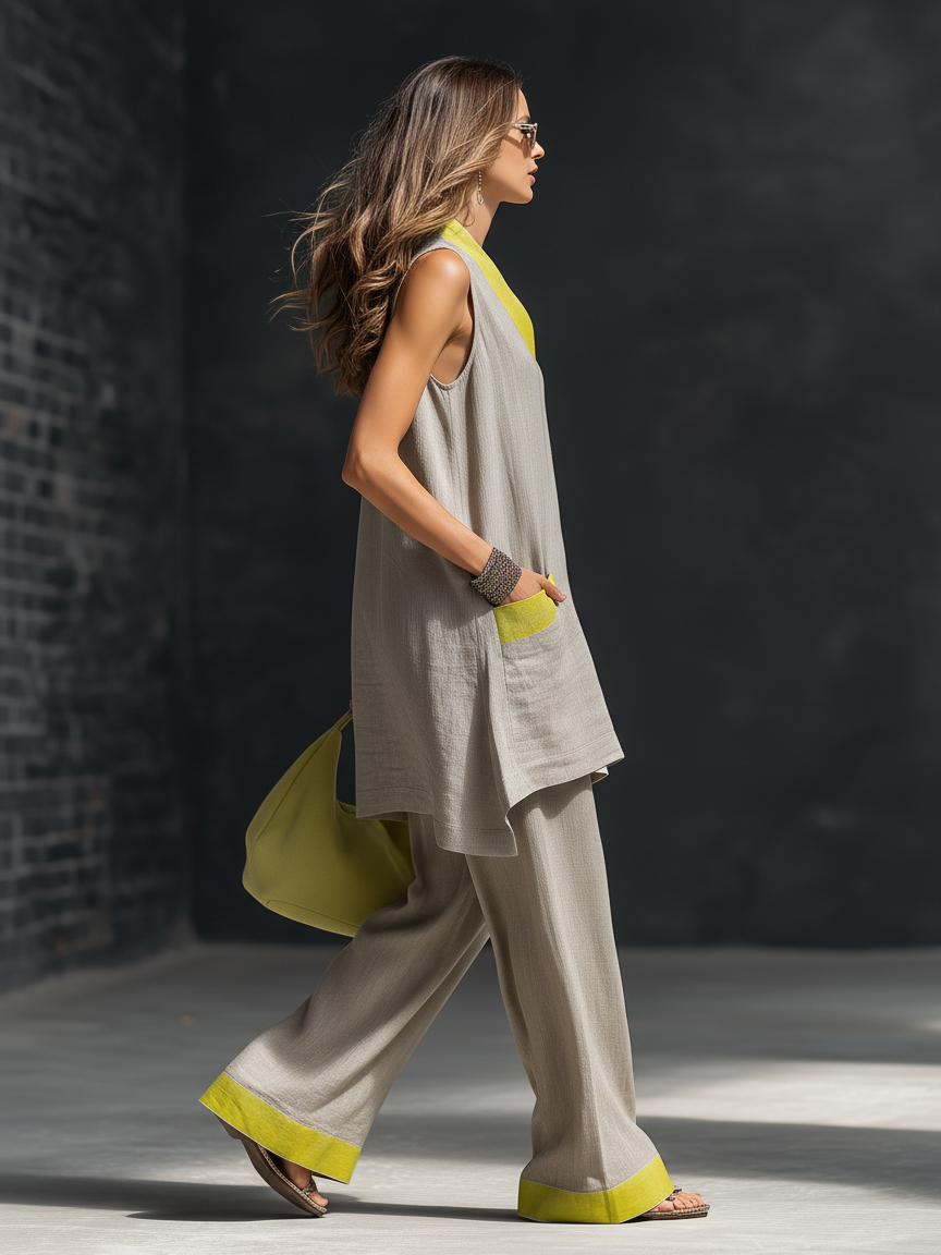 Stylish Minimalist Sleeveless V-Neck Long Top Pockets Lime-Green Trim And Wide-Leg Pants Grey Cotton-Linen Set