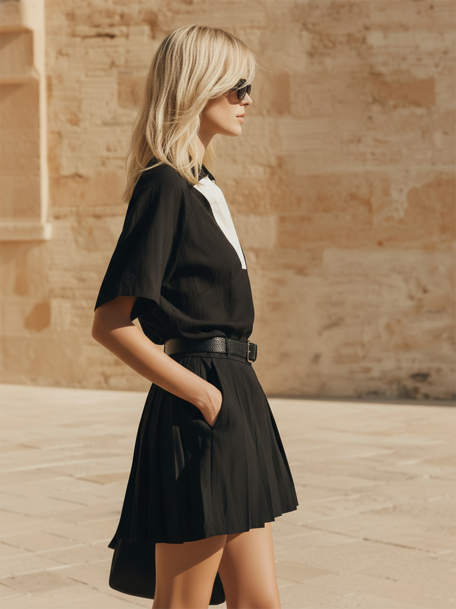 Stylish Minimalist Short-Sleeve White-Paneled V-Neck Top And Waist-Tie Shorts Black Cotton Set