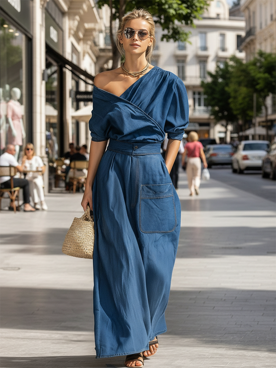 Retro-chic One-shoulder Asymmetrical Collar Top And Large-pocket Skirt Denim Set