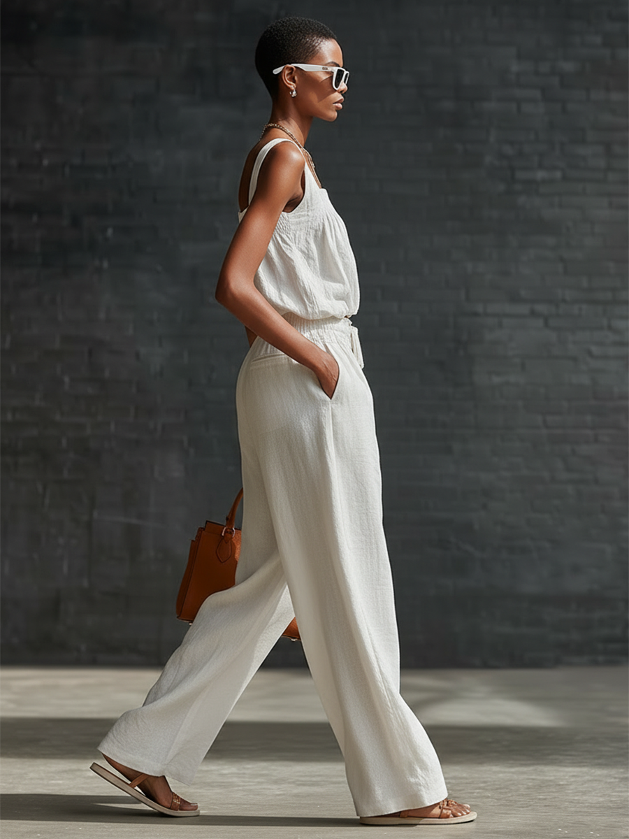 Stylish Sleeveless Square-Neck Gathered Hem Top And Drawstring Waist Wide-Leg Pants White Cotton Set