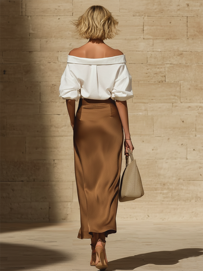 Stylish Minimalist Off-Shoulder Front Buttons White Cotton Top And Brown Front-Slit Satin Skirt Set