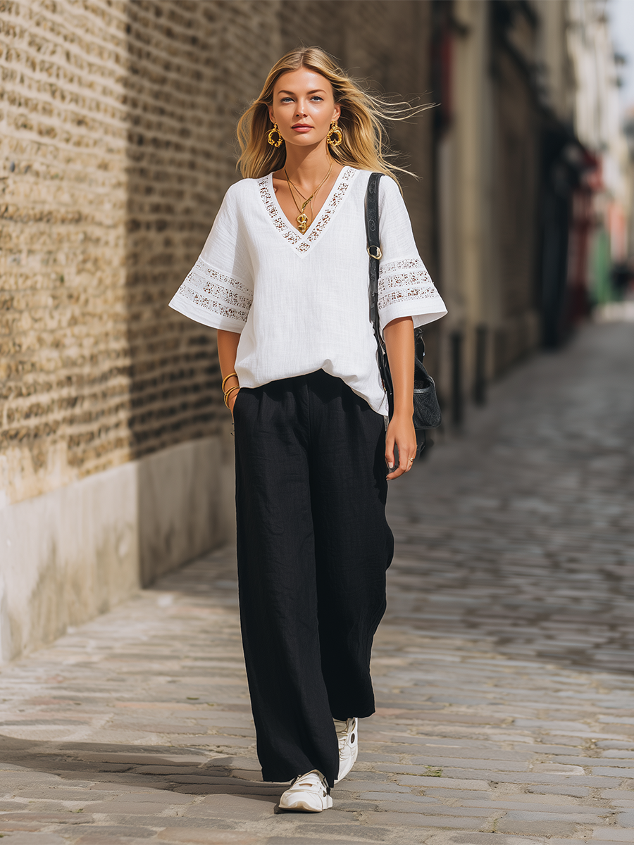Casual White Cotton Linen V-Neck Short Sleeve Top And Black Wide Leg Pants Set