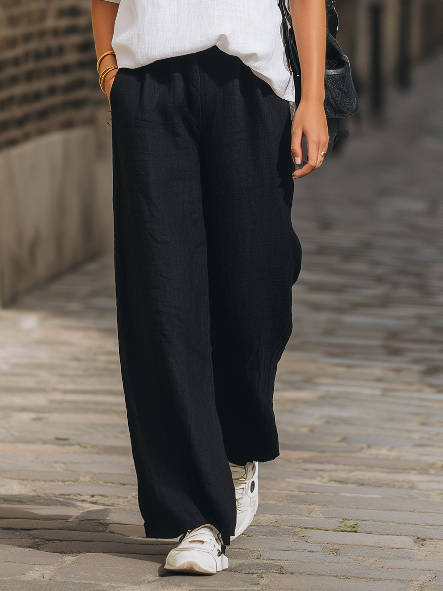 Casual White Cotton Linen V-Neck Short Sleeve Top And Black Wide Leg Pants Set