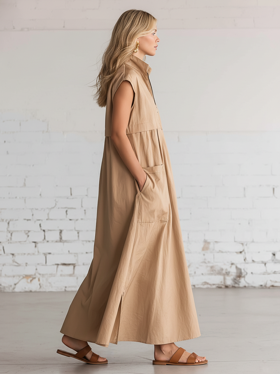 Casual Brown Cotton Linen Collared Sleeveless Zipper Maxi Dress