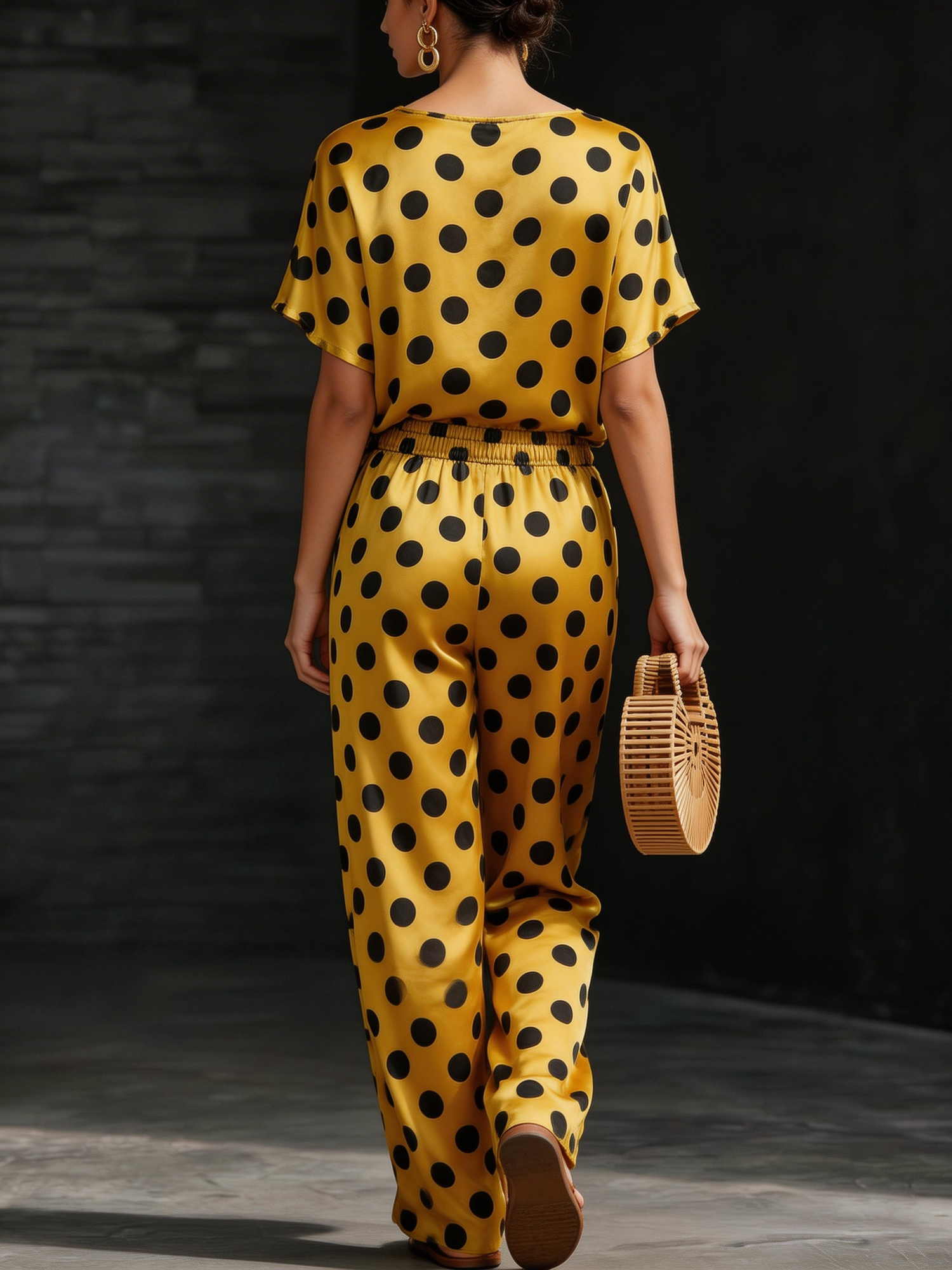 Retro Yellow Satin Satin Black Polka Dot Short sleeved Top And Wide Leg Pants Set