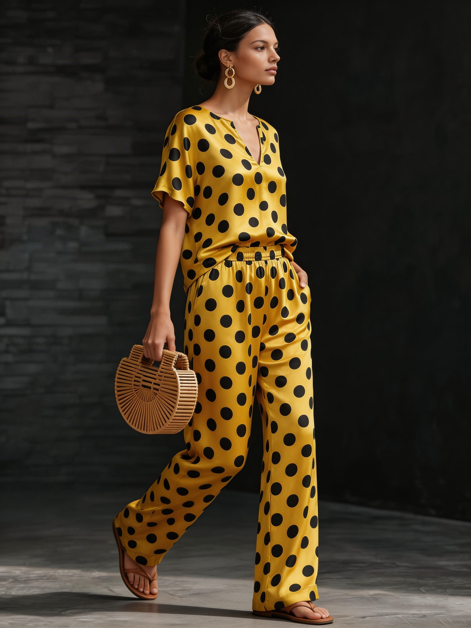 Retro Yellow Satin Satin Black Polka Dot Short sleeved Top And Wide Leg Pants Set
