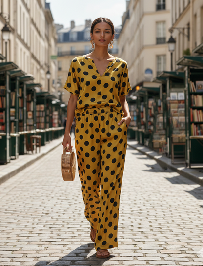 Retro Yellow Satin Satin Black Polka Dot Short sleeved Top And Wide Leg Pants Set