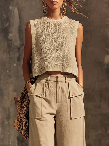 Casual Breathable Urban Style Beige Knitted Top And Cotton Pants Set