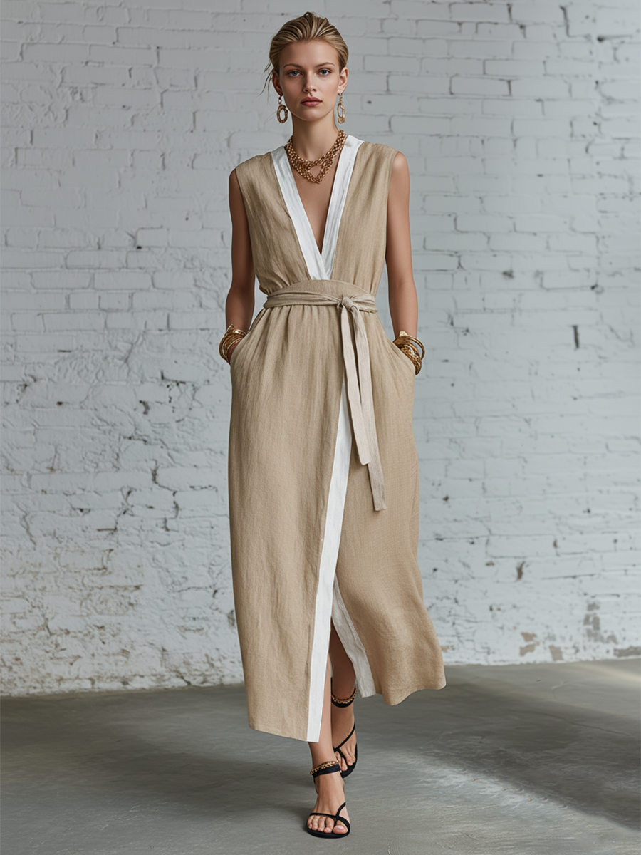 Retro Beige Cotton Linen V-Neck Sleeveless Top And Skirt Set