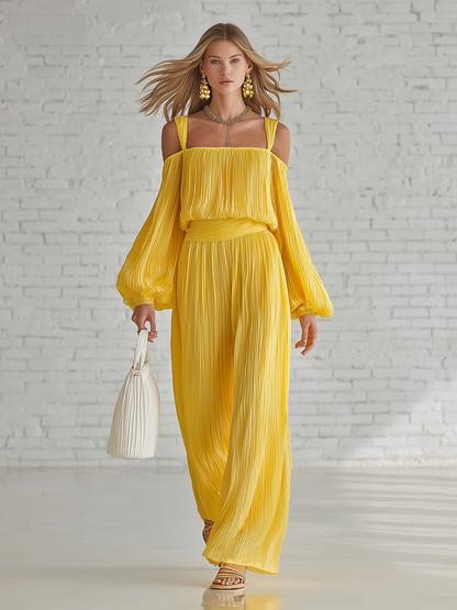 Casual Yellow Pleated Off Shoulder Chiffon Top And Wide Leg Pants Set