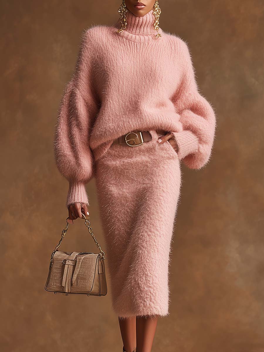 Vintage Comfortable And Fashionable Pink Knitted Long-sleeved Sweater And Skirt Set