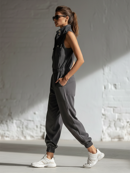 Stylish Simple Loose-fitting Sleeveless Stand-collar Front-buttoned Cotton Gray Jumpsuit