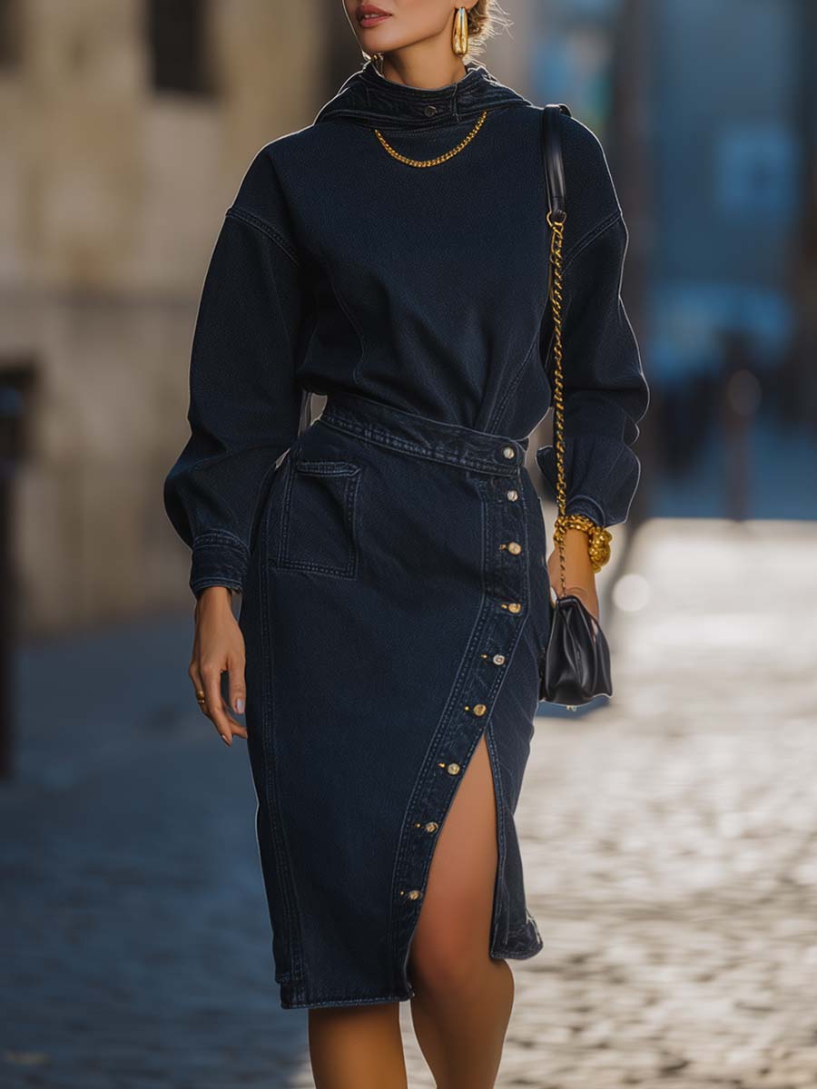 Fashion Street Dark Blue Denim Hoodie And Metal Button Side Slit Skirt Set