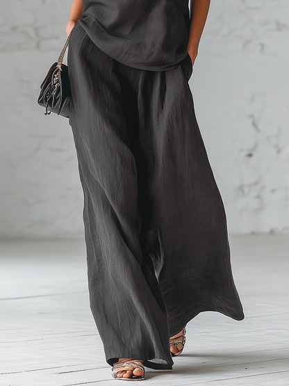 Gray Cotton And Linen Sleeveless One Shoulder Top With Tie Detail And Wide Leg Pants Set