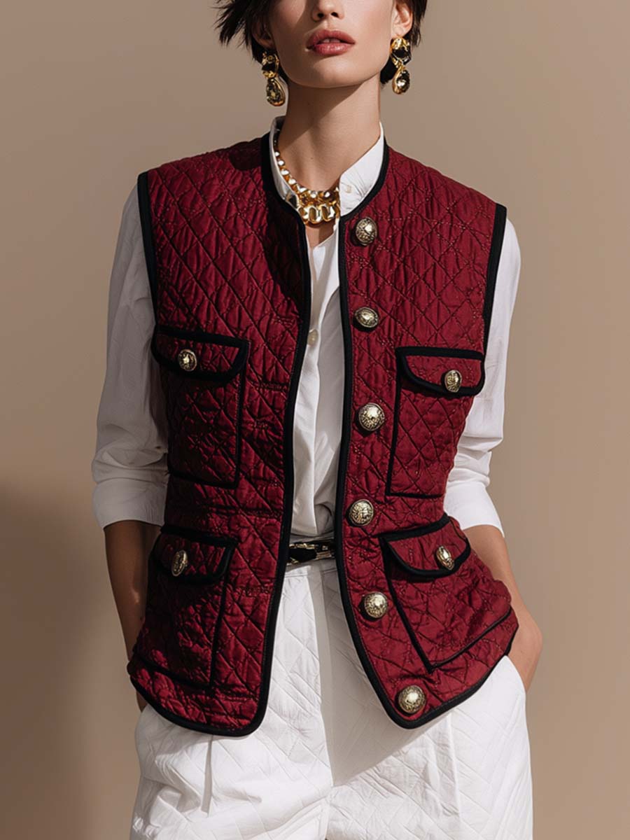 Vintage Exquisite Round Neck Black Trim Metal Front Buckle Burgundy Quilted Cotton Vest