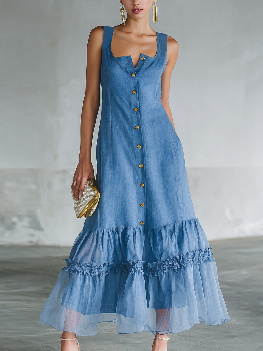 Retro Casual Blue Blended Fabric Sleeveless Button down With Tulle Paneling Midi Dress
