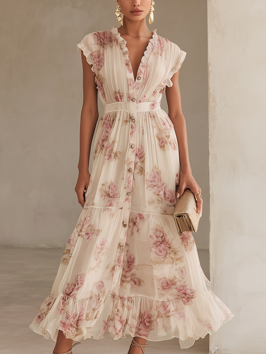 Vintage style White Chiffon With Rose Print And Vneck Midi Dress