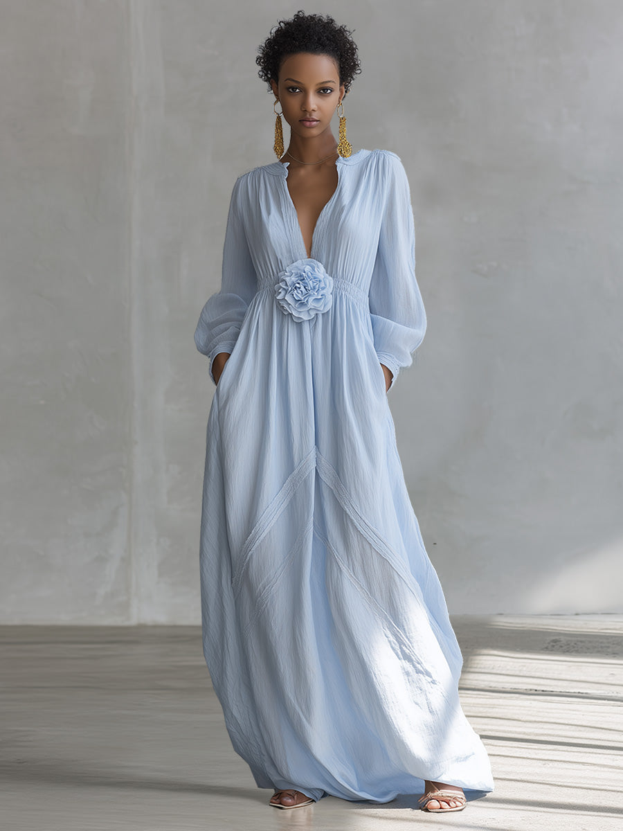 Elegant Flowing Fashion V-neck 3D Floral Embellishments Light Blue Cotton-linen Blend Maxi Dresses