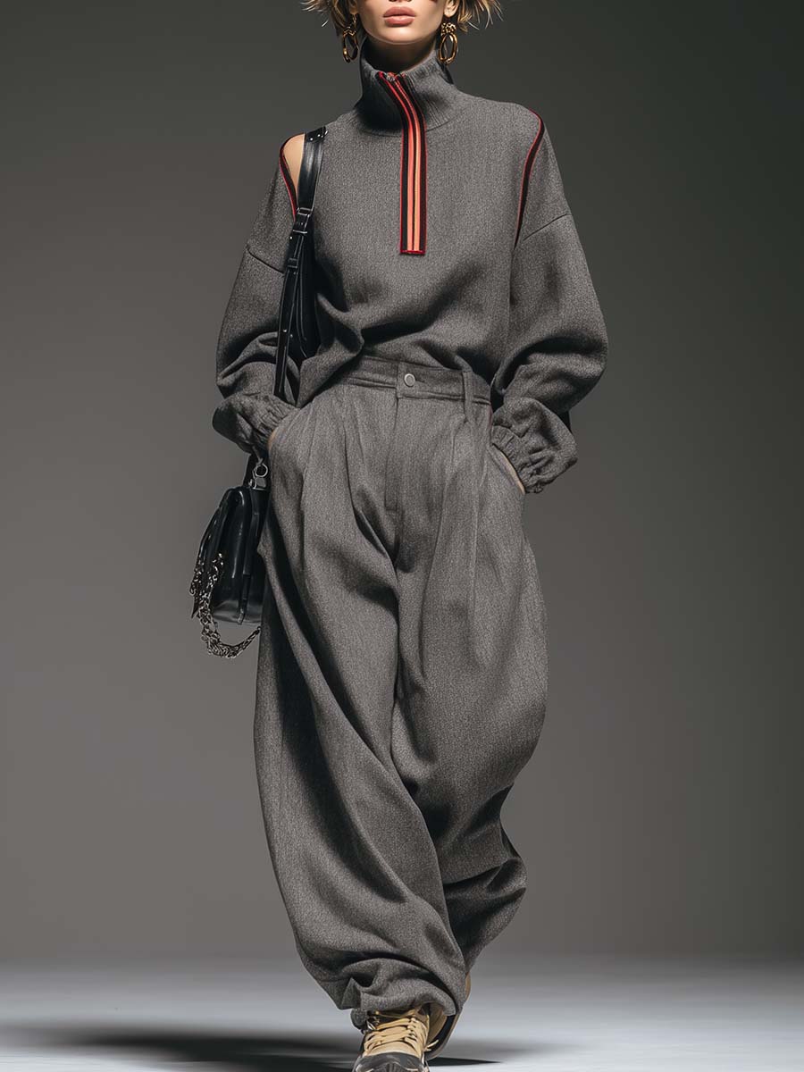 Fashionable Gray Cotton Turtleneck Front Zipper Off-the-shoulder Long-sleeved Top And Pants Set