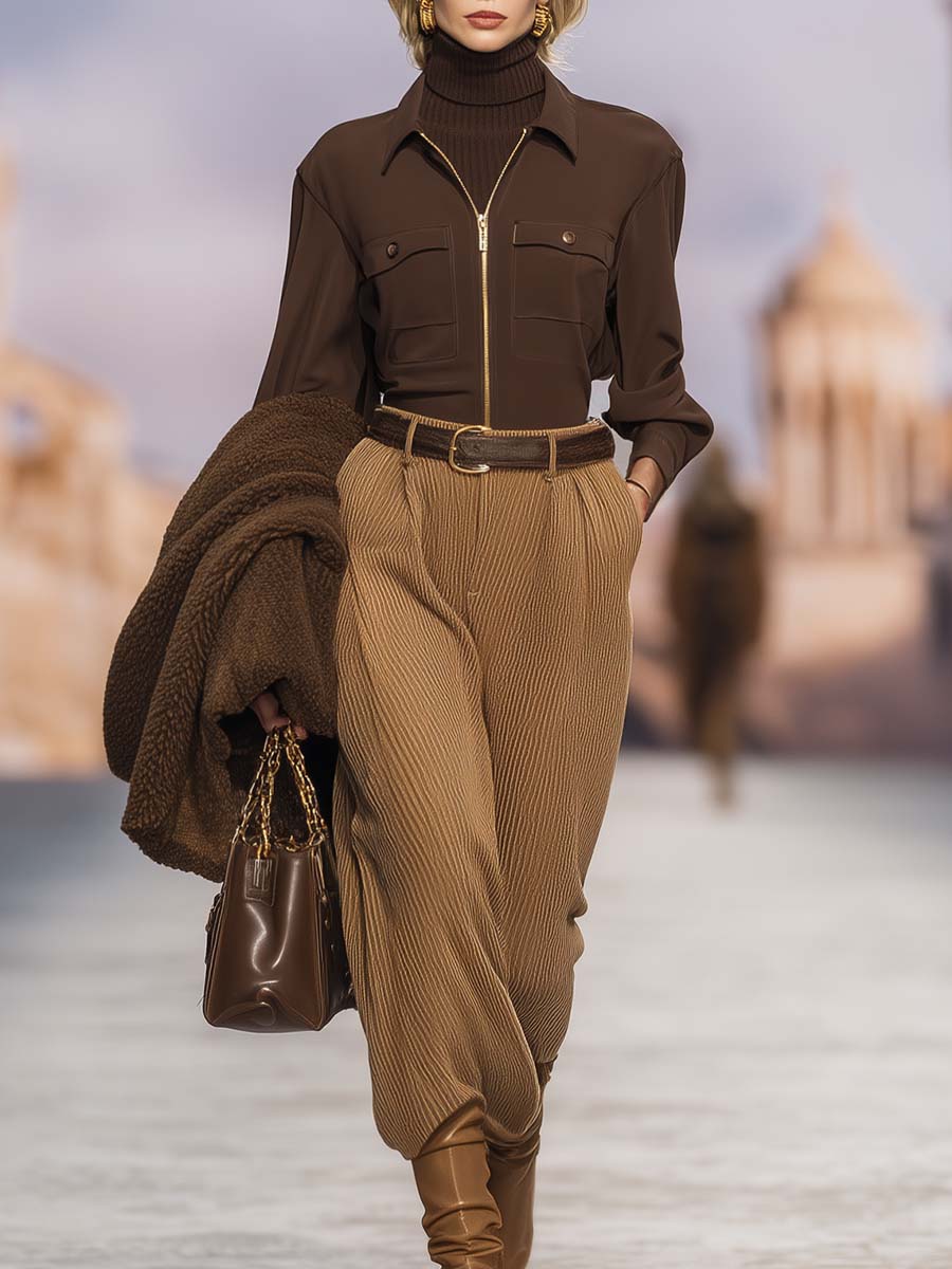 Exquisite Retro Urban Brown Lapel Front Zip-up Top And Light Brown Corduroy Pants Set