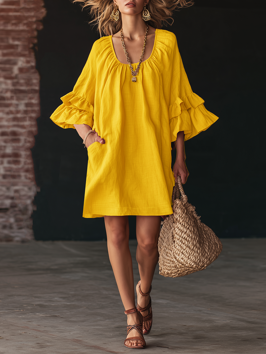 Casual Yellow Cotton And Linen With Ruffled Square Neckline Mini Dress