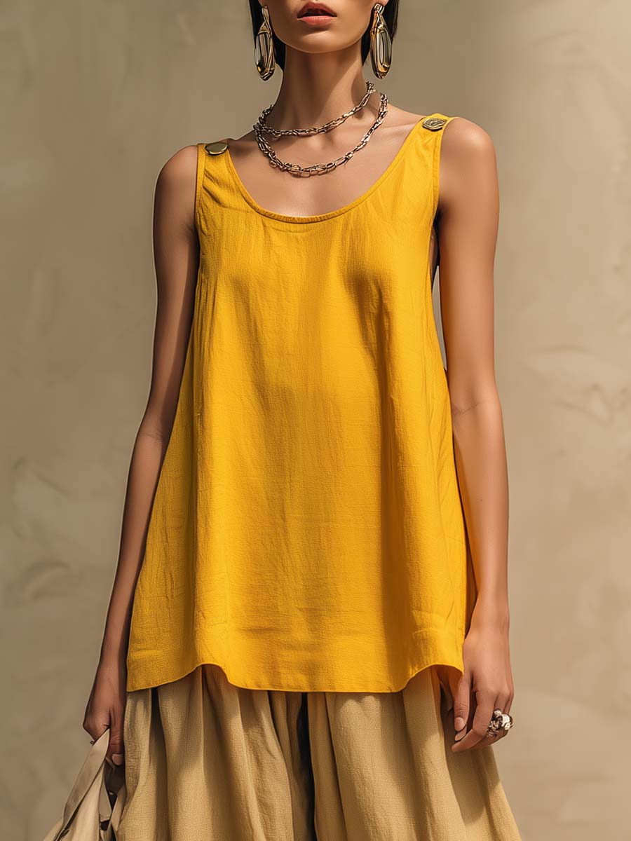 Retro Urban Yellow Cotton Vest And Leopard Print Chiffon Pants Set