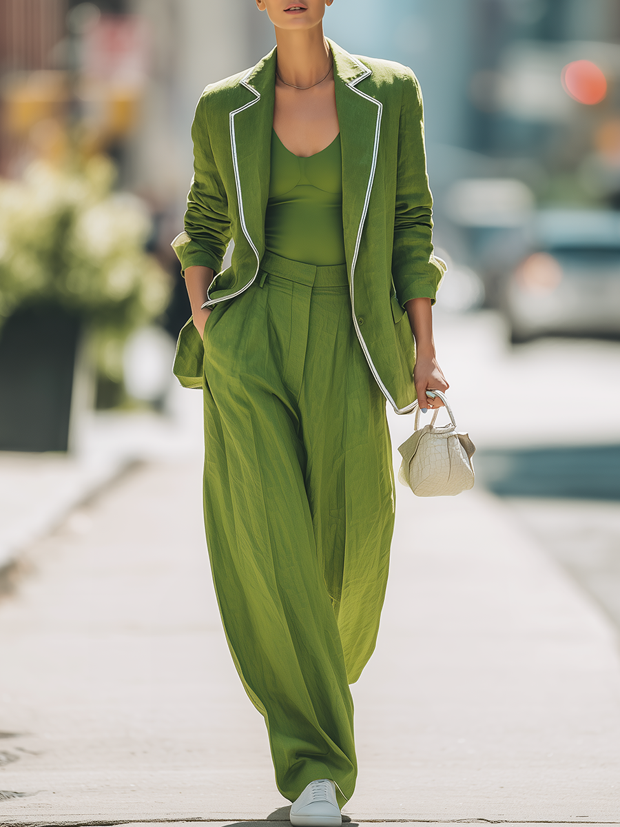 Casual Stylish Silver Trim Blazer And Wide-leg Pants Set