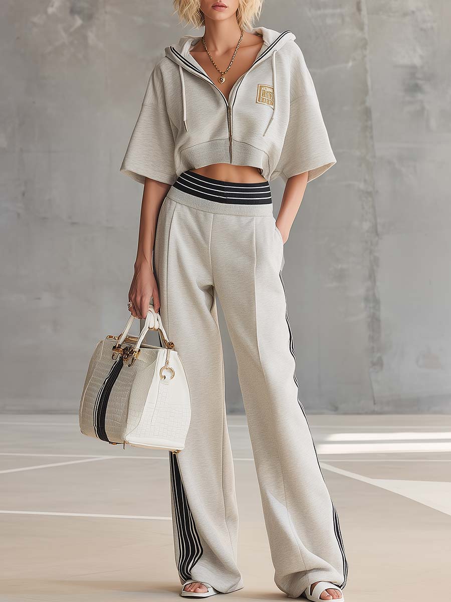 Retro Fashion Sporty Light Gray Cotton Hooded Zip-up Top And Pants Set