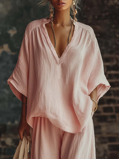 Casual Urban Bohemian Style V-neck Pink Cotton Blouse And Pants Set