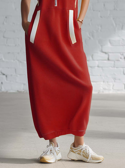 Casual Fashion Retro Hooded V-neck Front Zip Red Knitted Midi Dress