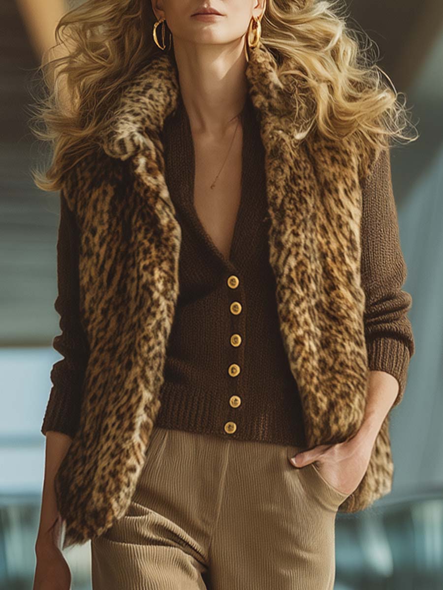 Retro Personality Front-opening Brown Leopard Print Eco-friendly Fur Vest