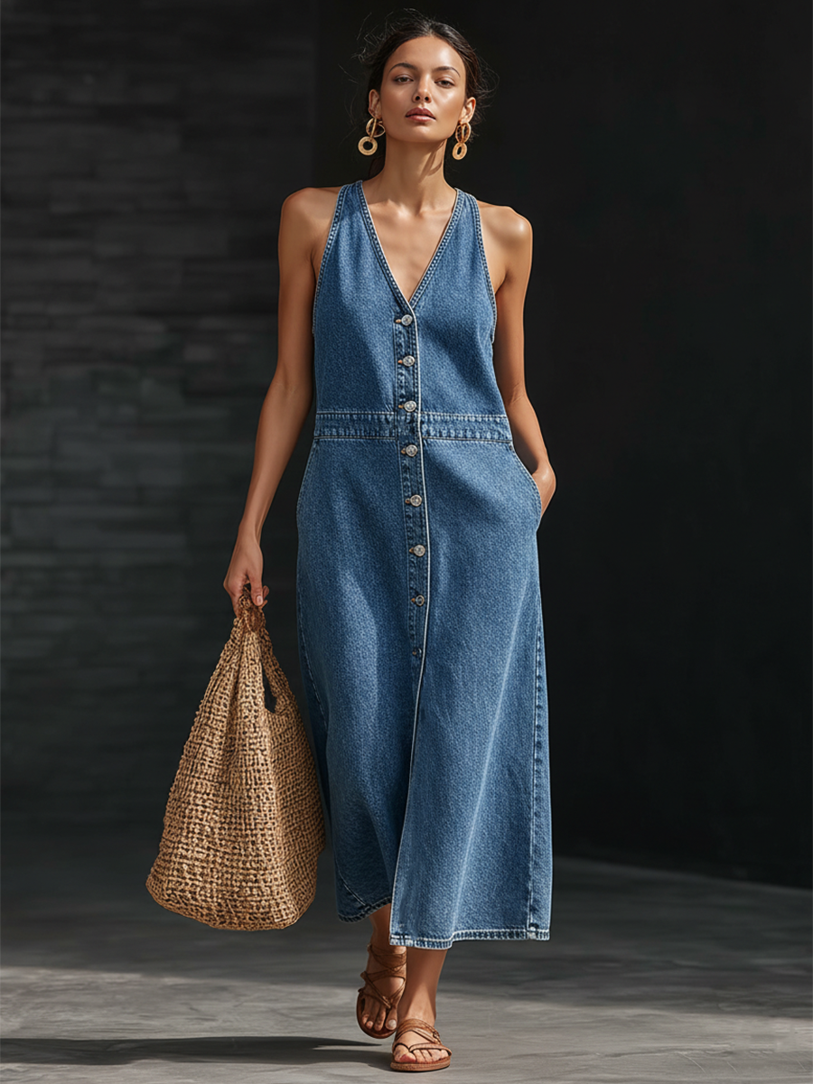 Casual Retro Blue Denim Sleeveless Button Midi Dress