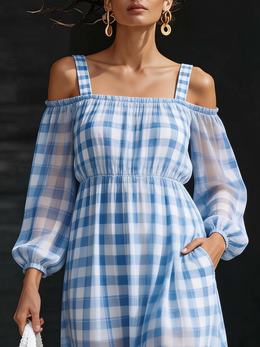 Retro Blue Plaid Chiffon Print Off Shoulder Maxi Dress
