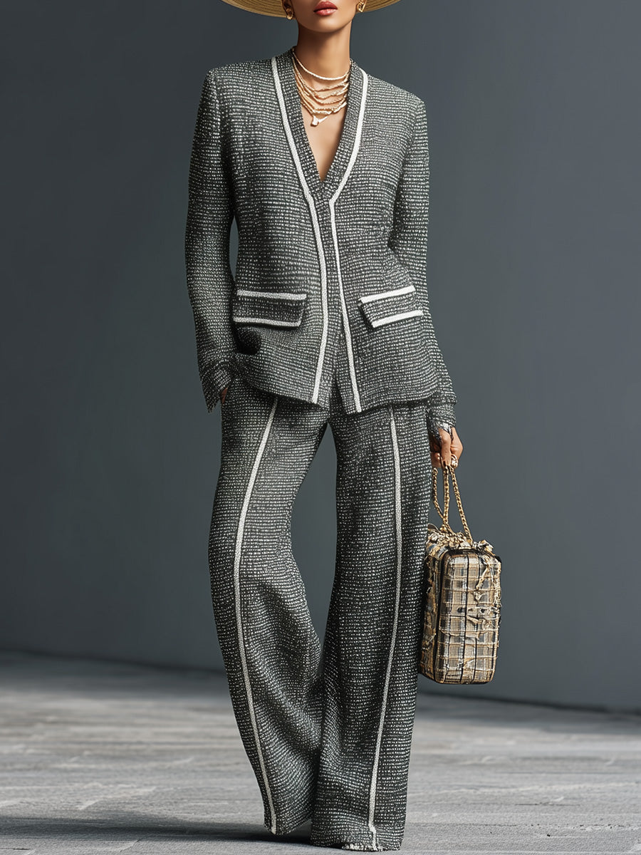 Vintage Exquisite Casual Gray Tweed V-neck White Trim Top And Pants Set