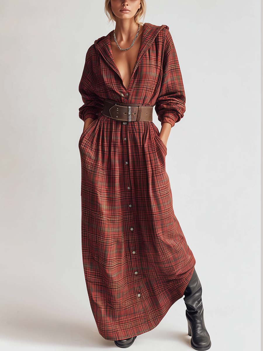 Retro Versatile Chic Hooded V-neck Front Button Red Plaid Maxi Dress