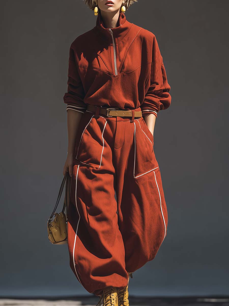 Retro Fashion Sports Maroon Stand Collar Front Zip Top And Machete Pants Set